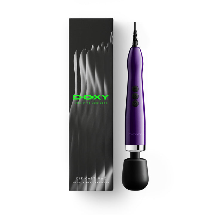 Doxy Die Cast Max purple wand massager displayed beside its sleek black gift box