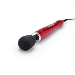 Close-up of Doxy Die Cast red wand massager angled view showing flexible black silicone massage head
