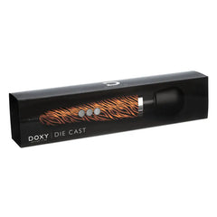 Doxy Die Cast Tiger wand in sleek black retail box showing tiger-stripe pattern through window cutout