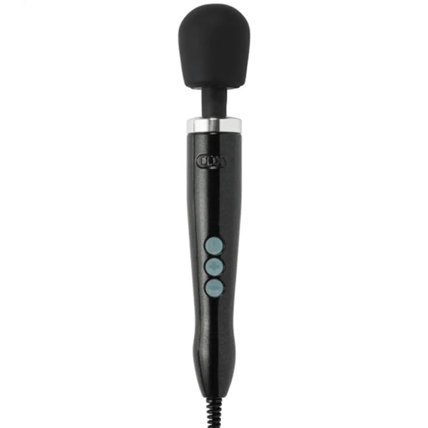 Doxy Die Cast Wand Massager in black with silicone head and three teal control buttons