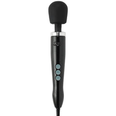 Doxy Die Cast Wand Massager in black with silicone head and three teal control buttons