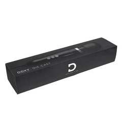 Doxy Die Cast Wand Massager displayed in its sleek black rectangular branded packaging box
