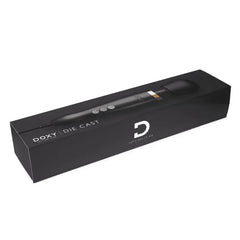 Doxy Die Cast Wand massager displayed in its sleek black rectangular retail packaging box