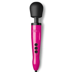 Doxy Die Cast wand massager in hot pink glitter finish with black silicone head and three control buttons