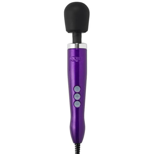 Doxy Die Cast wand massager in metallic purple with black silicone head and three control buttons