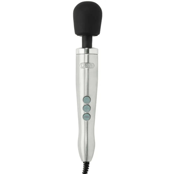 Doxy Die Cast Wand vibrator in brushed silver with black silicone massage head and three control buttons