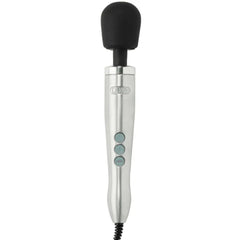 Doxy Die Cast Wand vibrator in brushed silver with black silicone massage head and three control buttons