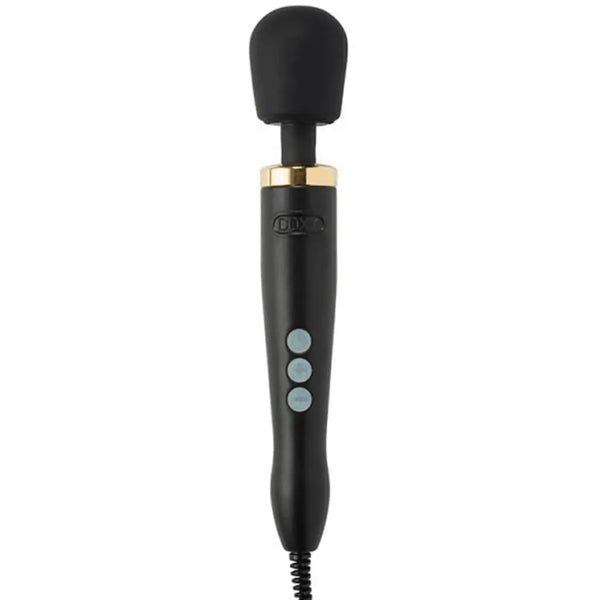 Doxy Die Cast Wand vibrator in matte black with gold collar and three teal control buttons