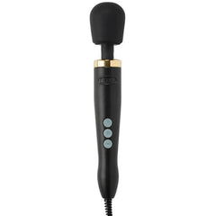 Doxy Die Cast Wand vibrator in matte black with gold collar and three teal control buttons