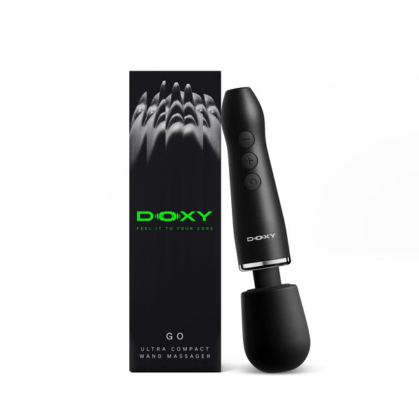 Doxy Go black wand massager displayed upright next to GO Ultra Compact Wand Massager box