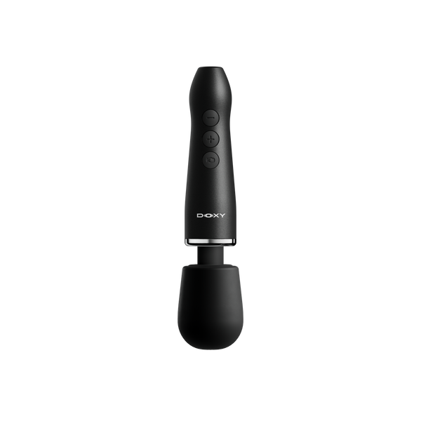 Doxy Go black wand massager, front view, matte silicone handle with three control buttons