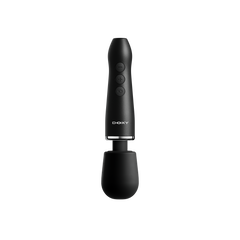Doxy Go black wand massager, front view, matte silicone handle with three control buttons