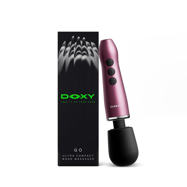 Doxy Go pink wand massager displayed upright next to its GO Ultra Compact Wand Massager box