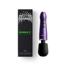 Doxy Go purple wand massager beside its black branded box, labelled Ultra Compact Wand Massager