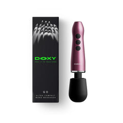 Doxy Go ultra compact wand massager beside its black branded retail box packaging