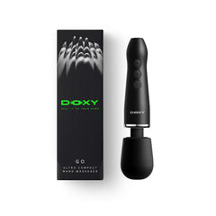 Doxy Go ultra compact wand massager beside its black branded retail box packaging