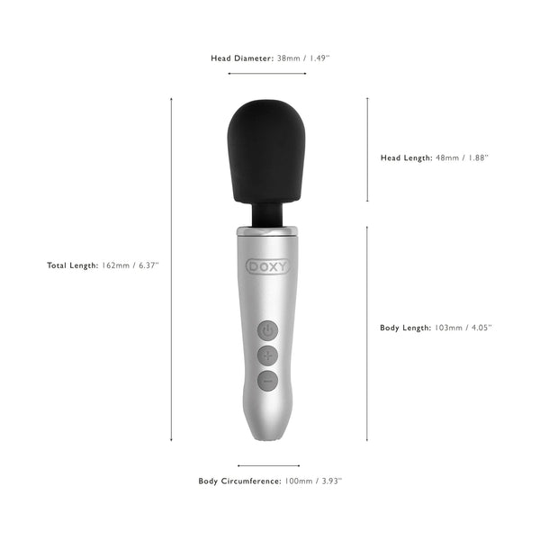 Doxy Go wand with labelled dimensions: 162mm total length, 38mm head diameter, 100mm circumference