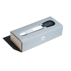 Doxy Go wand massager displayed beside its sleek grey slide-out retail packaging box