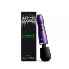 Doxy Go wand massager displayed upright next to packaging, showing full product scale and profile
