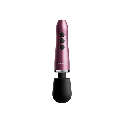 Doxy Go wand massager in pink with black silicone head and three control buttons