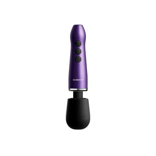 Doxy Go Wand Massager in purple with black silicone head and three control buttons