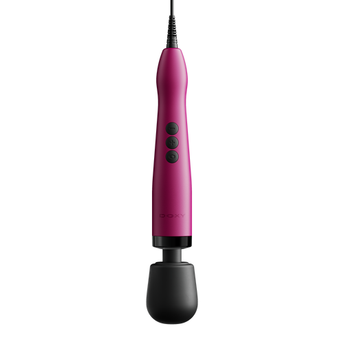 Doxy Original Plug-In Wand massager in pink with black rounded head and three control buttons