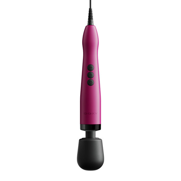 Doxy Original Plug-In Wand massager in pink with black rounded head and three control buttons