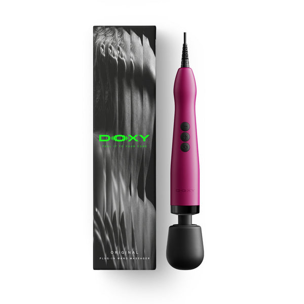 Doxy Original Plug-In Wand in pink displayed beside its black branded retail packaging box