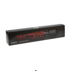 Doxy Original Roses wand massager in dark gift box packaging showing rose design