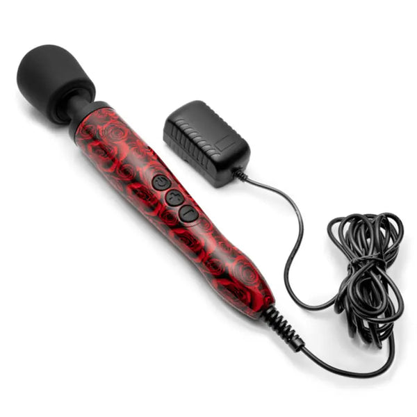 Doxy Original Roses wand massager laid flat with power adapter and corded plug