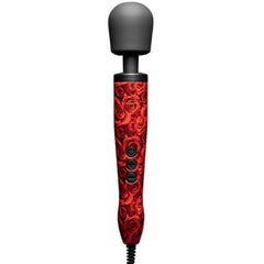Doxy Original Roses wand massager with red rose-print body and matte black silicone head