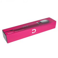 Doxy Original Wand Massager in pink displayed in its elongated pink retail box