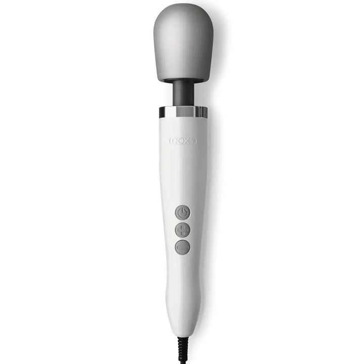 Doxy Original Wand Massager in white with grey silicone head and three control buttons