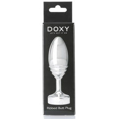 Doxy Ribbed Butt Plug shown in black retail packaging with product name label visible