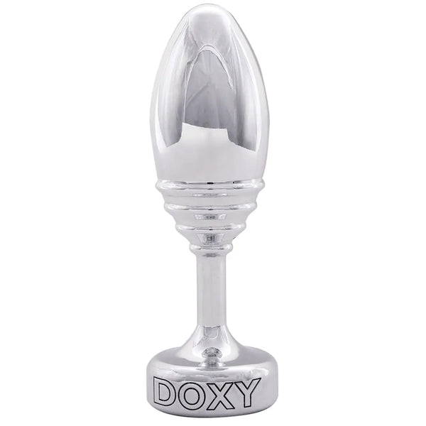 Doxy Ribbed Butt Plug in polished silver aluminium with ribbed neck and flat branded base