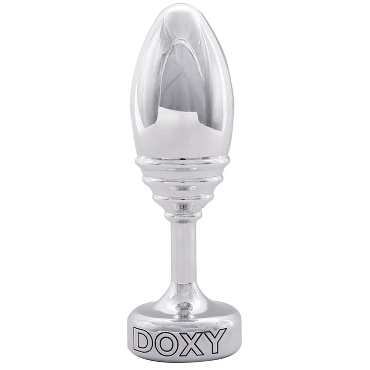 Doxy Ribbed Butt Plug in polished silver aluminium with ribbed neck and flat branded base