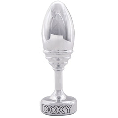 Doxy Ribbed Butt Plug in polished silver aluminium with ribbed neck and flat branded base