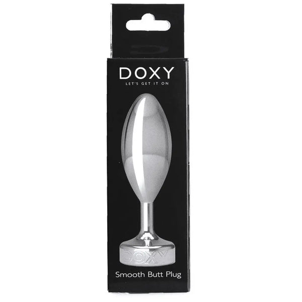 Doxy Smooth Butt Plug in black retail box, polished silver aluminium finish