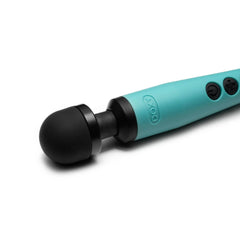 Close-up of Doxy wand massager black rounded head and teal handle with control buttons