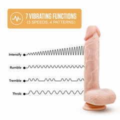 Dr. Ethan dildo vibration chart showing 7 functions across intensify, rumble, tremble, throb modes