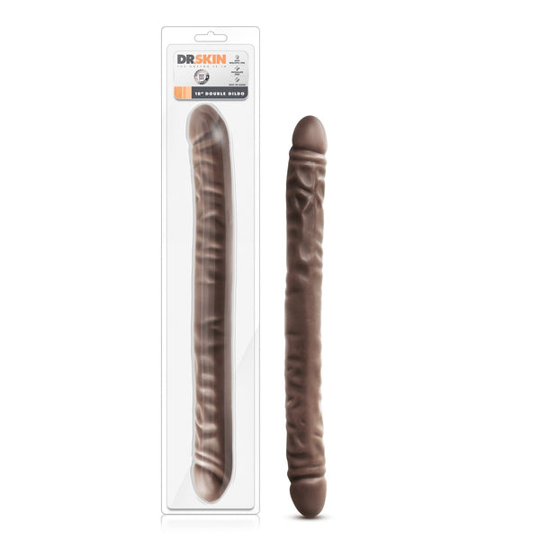 Dr Skin 18 Double Dildo in chocolate brown shown in packaging beside unboxed product
