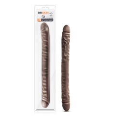 Dr Skin 18 Double Dildo in chocolate brown shown in packaging beside unboxed product