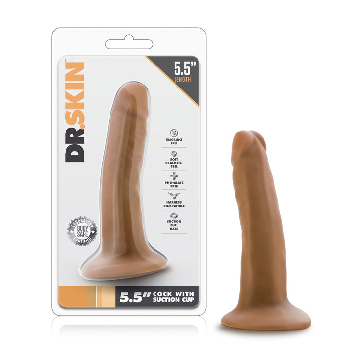 Dr. Skin 5.5" Mocha dildo by Blush beside retail packaging with feature icons listed