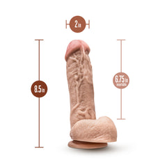 Dr Skin Mr D dildo with measurement labels showing 8.5in total length, 6.75in insertable, and 2in width