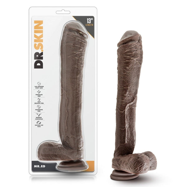 Dr. Skin Mr. Ed 13" Chocolate Dildo by Blush in retail packaging with suction cup base