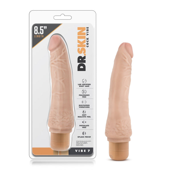 Dr. Skin Vibe 7 realistic vibrating dildo in beige, 8.5 inch, shown in and out of packaging