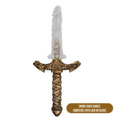 Drago sword-shaped handle shown separate, compatible with lock-on dildos, antique bronze finish