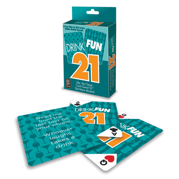 Drink Fun 21 card game box with teal packaging and sample playing cards displayed in front