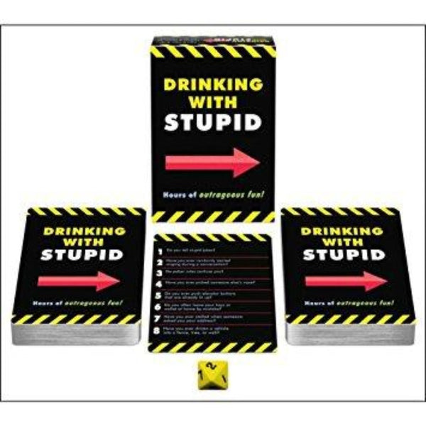 Drinking With Stupid card game box, two card decks, question cards, and yellow die displayed