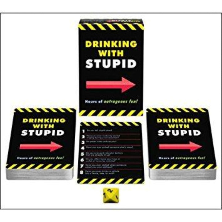 Drinking With Stupid card game box, two card decks, question cards, and yellow die displayed